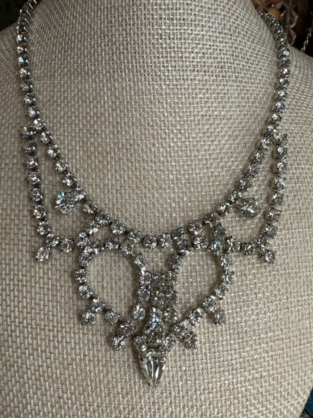 Vintage 1950s Clear Rhinestone Bib Statement Necklace Silver Tone Prom Bridal